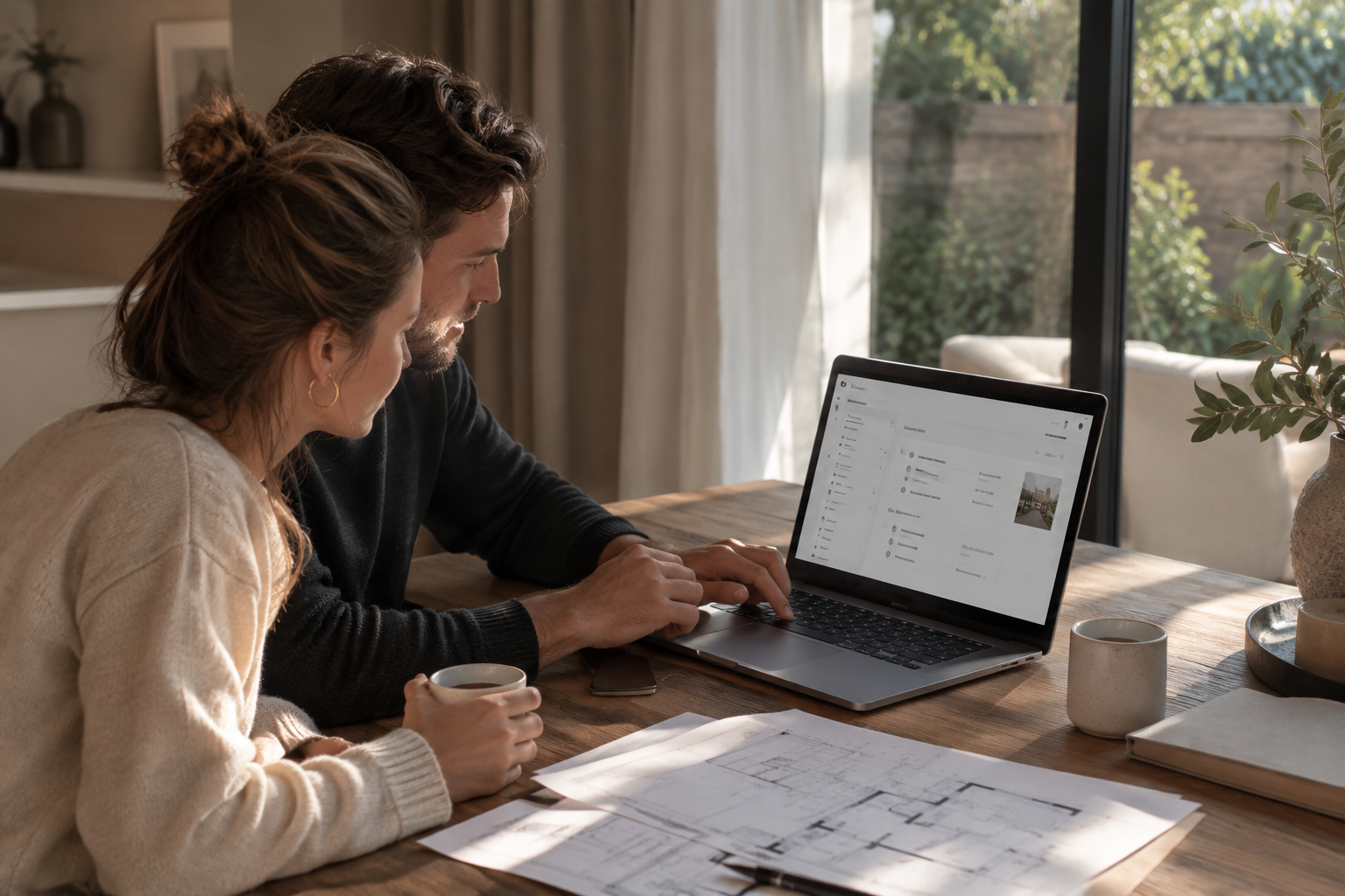 Nieuwbouwkopers bekijken samen hun planning en documenten op het dashboard